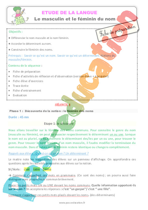 Genre masculin / féminin - Orthographe - Français - Cycle 2 - Séquences didactiques CRPE 2025