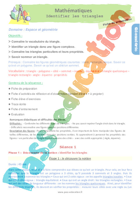 Le triangle - Géométrie plane - Géométrie - Mathématiques - Cycle 3 - Séquences didactiques CRPE 2025