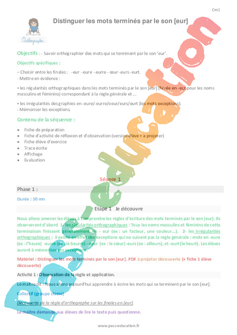 Les noms en eur - Orthographe - Français - Cycle 3 - Séquences didactiques CRPE 2025