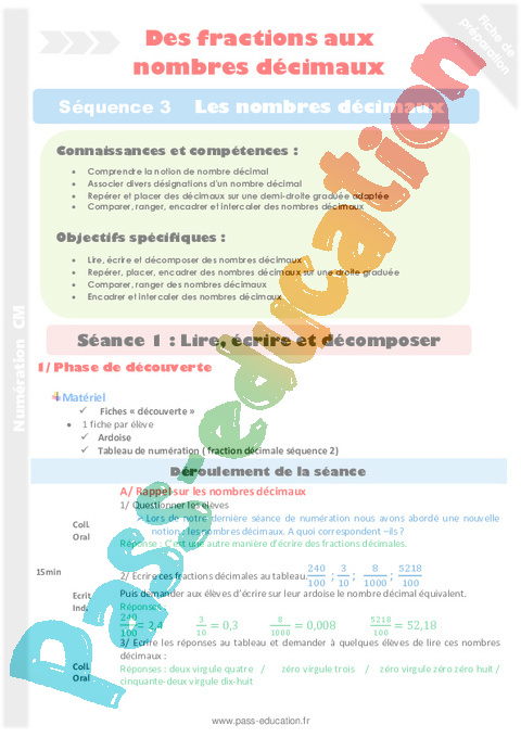 Lire / écrire des Nb décimaux - Décimaux - Numération - Mathématiques - Cycle 3 - Séquences didactiques CRPE 2025