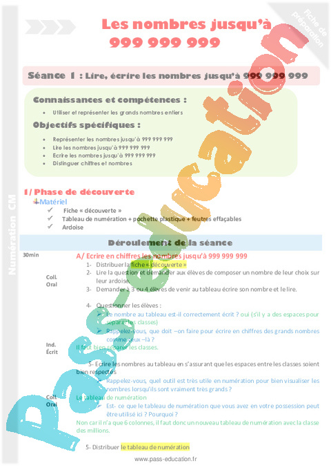 Lire / écrire - Nombres entiers < 1 000 000 000 - Numération - Mathématiques - Cycle 3 - Séquences didactiques CRPE 2025