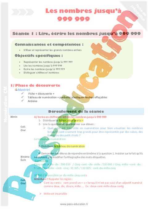 Lire / écrire - Nombres entiers < 1 000 000 - Numération - Mathématiques - Cycle 3 - Séquences didactiques CRPE 2025