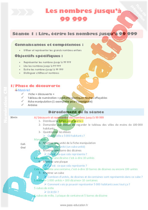 Lire / écrire - Nombres entiers < 100 000 - Numération - Mathématiques - Cycle 3 - Séquences didactiques CRPE 2025