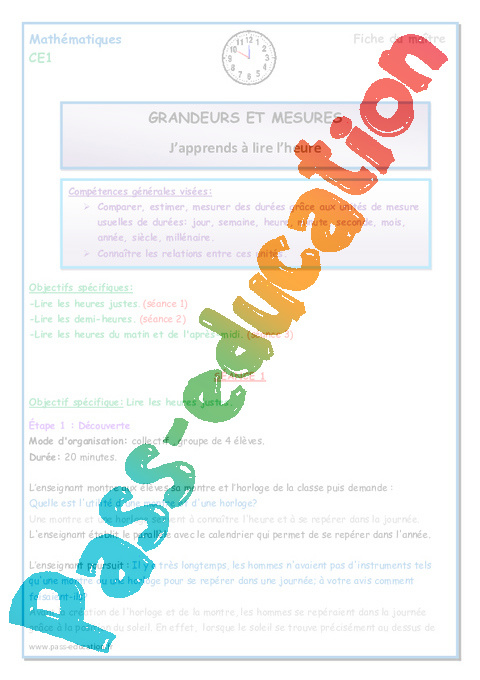 Lire l'heure, horloge - Grandeurs et Mesures - Mathématiques - CE1 - Séquences didactiques CRPE 2025