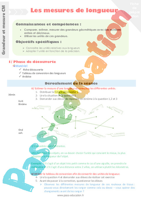 Longueur cm, m, km - Grandeurs et Mesures - Mathématiques - Cycle 3 - Séquences didactiques CRPE 2025