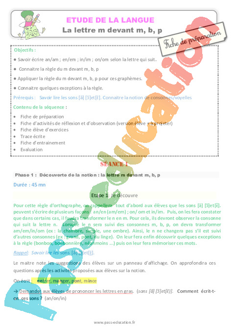 M devant m, b, p - Orthographe - Français - Cycle 2 - Séquences didactiques CRPE 2025