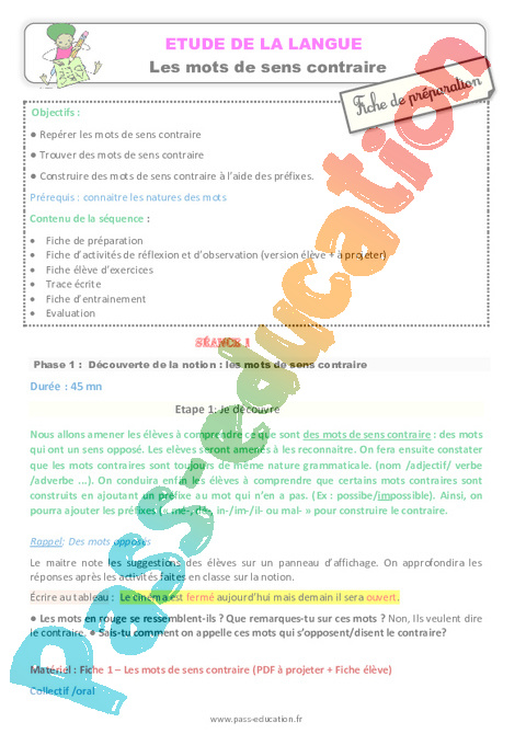 Mots de sens contraire - Vocabulaire / Lexique - Français - Cycle 2 - Séquences didactiques CRPE 2025