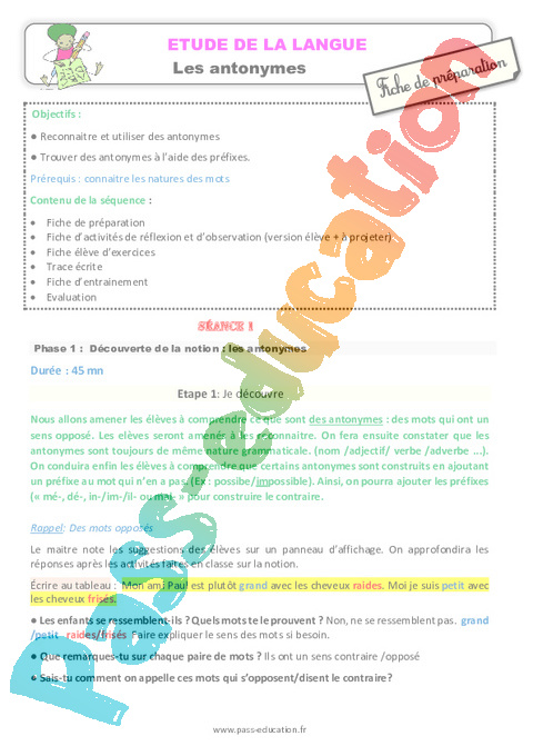 Mots de sens contraire - Vocabulaire / Lexique - Français - Cycle 3 - Séquences didactiques CRPE 2025