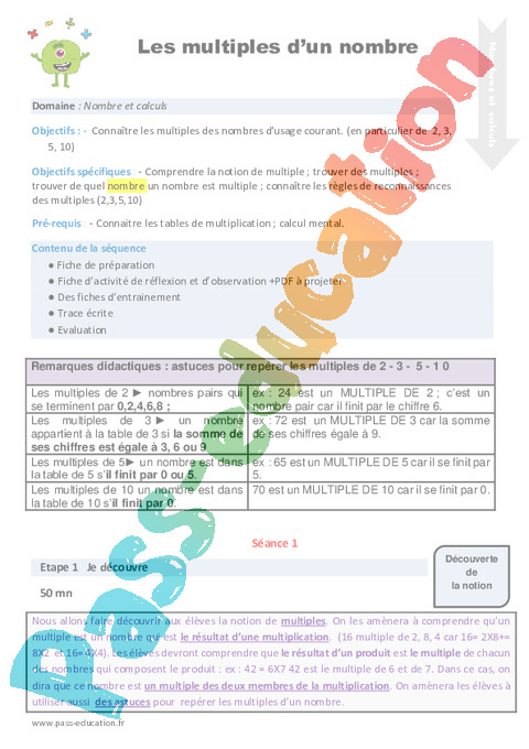 Multiples et diviseurs - Calculs - Mathématiques - Cycle 3 - Séquences didactiques CRPE 2025