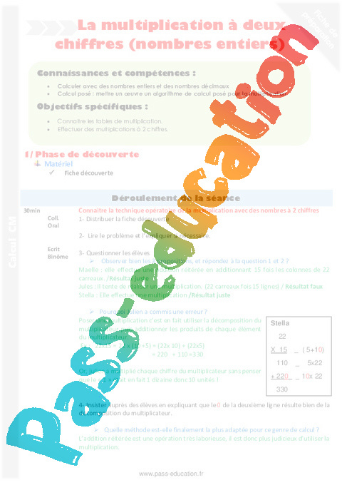 Multiplication - Calculs - Mathématiques - Cycle 3 - Séquences didactiques CRPE 2025