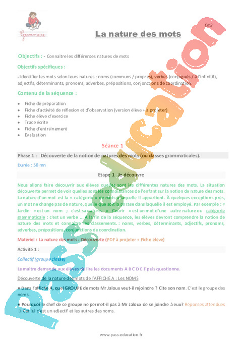 Nature et fonction - Grammaire - Français - Cycle 3 - Séquences didactiques CRPE 2025