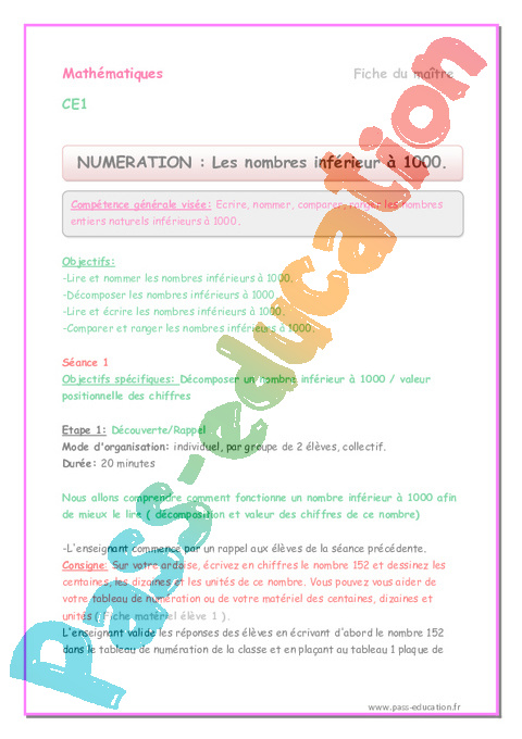 Nombres entiers < 1000 - Numération - Mathématiques - CE1 - Séquences didactiques CRPE 2025