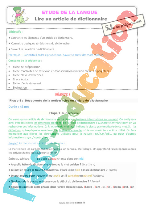 Ordre alphabétique / Dictionnaire - Vocabulaire / Lexique - Français - Cycle 2 - Séquences didactiques CRPE 2025