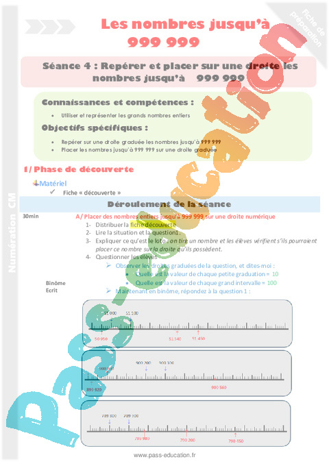 Placer sur une droite graduée - Nombres entiers < 1 000 000 - Numération - Mathématiques - Cycle 3 - Séquences didactiques CRPE 2025