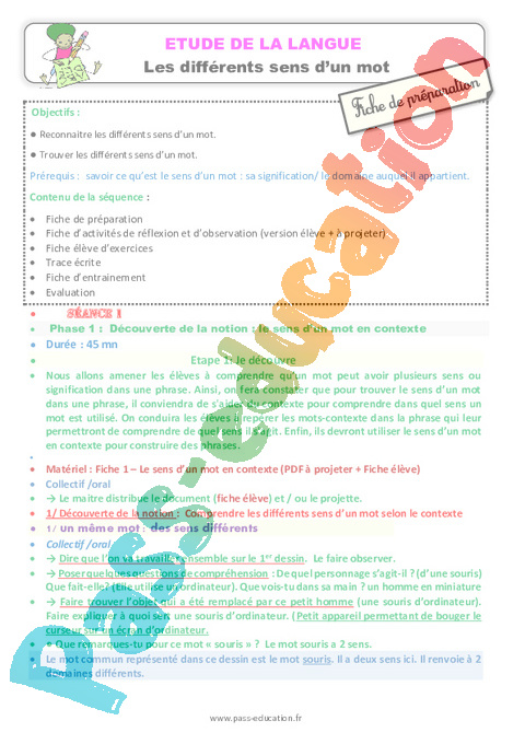 Polysémie - Vocabulaire / Lexique - Français - Cycle 2 - Séquences didactiques CRPE 2025