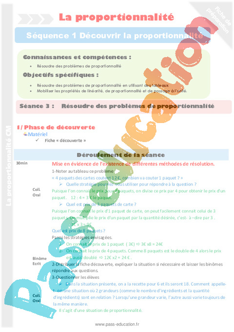 Proportionnalité, Organisation gestion des données - Problèmes - Mathématiques - Cycle 3 - Séquences didactiques CRPE 2025