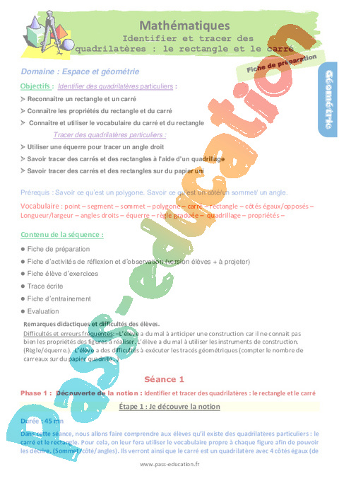 Quadrilatères - Géométrie - Mathématiques - Cycle 3 - Séquences didactiques CRPE 2025