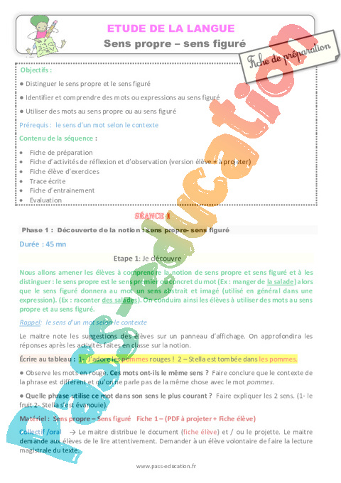 Sens propre et figuré - Vocabulaire / Lexique - Français - Cycle 3 - Séquences didactiques CRPE 2025