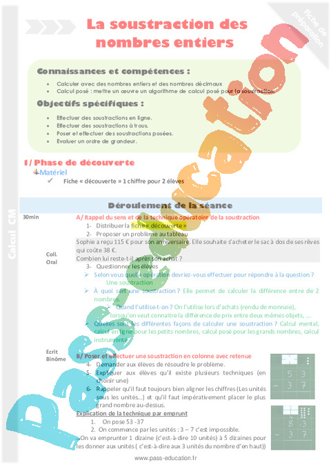 Soustraction - Calculs - Mathématiques - Cycle 3 - Séquences didactiques CRPE 2025