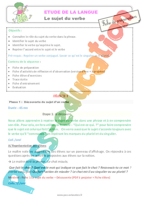 Sujet, groupe sujet - Grammaire - Français - Cycle 2 - Séquences didactiques CRPE 2025