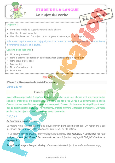 Sujet, groupe sujet - Grammaire - Français - Cycle 3 - Séquences didactiques CRPE 2025