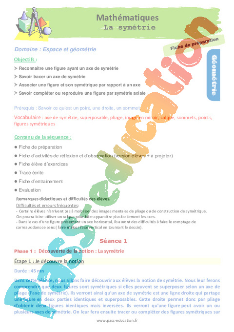 Symétrie - Géométrie plane - Géométrie - Mathématiques - Cycle 3 - Séquences didactiques CRPE 2025