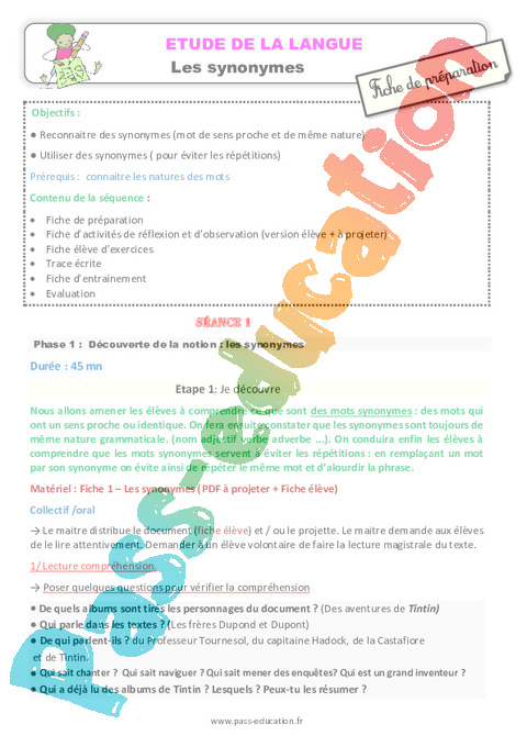 Synonymes - Vocabulaire / Lexique - Français - Cycle 2 - Séquences didactiques CRPE 2025