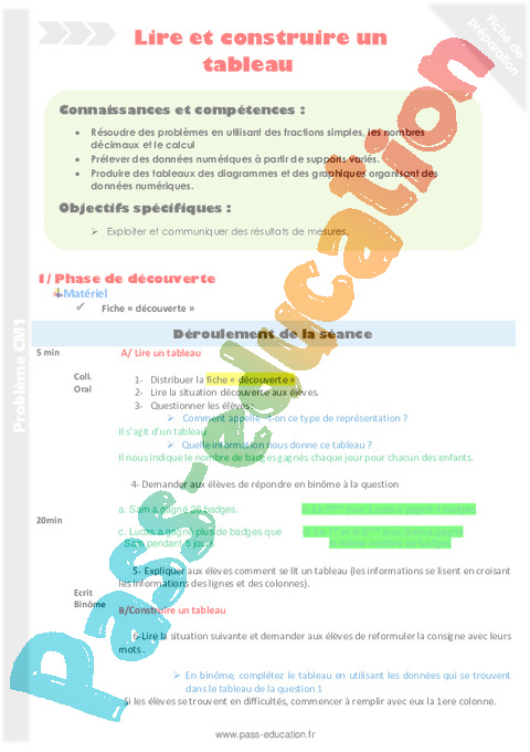 Tableaux - Organisation et gestion des données - Mathématiques - Cycle 3 - Séquences didactiques CRPE 2025