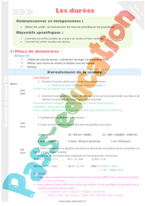 Temps et durée heure, minute, seconde - Grandeurs et Mesures - Mathématiques - Cycle 3 - Séquences didactiques CRPE 2025