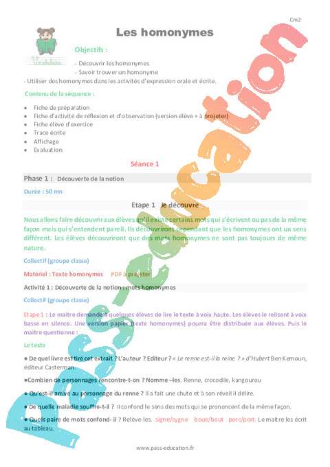 Vocabulaire Homonymes, homophones - Vocabulaire / Lexique - Français - Cycle 3 - Séquences didactiques CRPE 2025