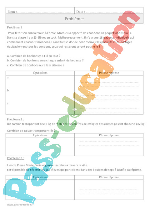 Leçon, exercice et évaluation :<br/> De divisions : CM1