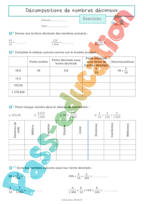 Cours et exercice : Décomposer des nombres décimaux : 6ème