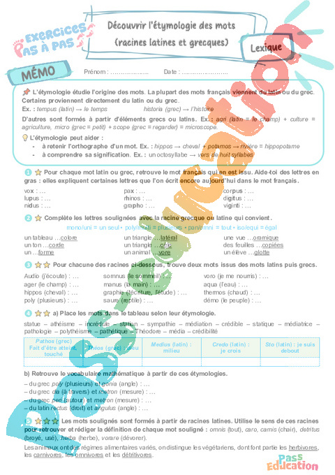 Cours et exercice : Découvrir l’étymologie des mots (racines latines et grecques) / étymologie : 6ème