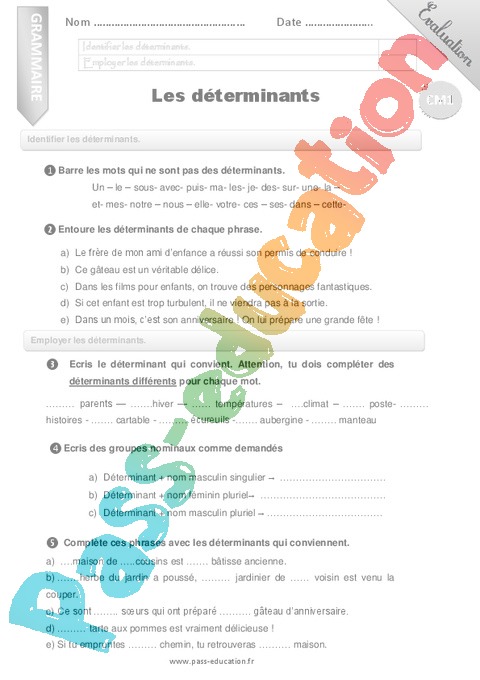 Leçon, exercice et évaluation :<br/> Déterminants et pronoms : CM1