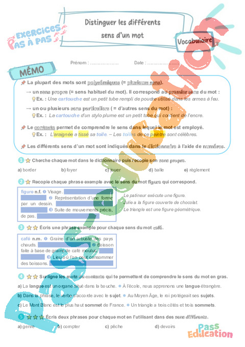 Leçon, exercice et évaluation :<br/> Distinguer les différents sens d’un mot : CM2
