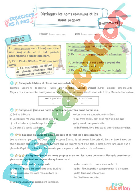 Leçon, exercice et évaluation :<br/> Distinguer les noms communs et les noms propres : CE2