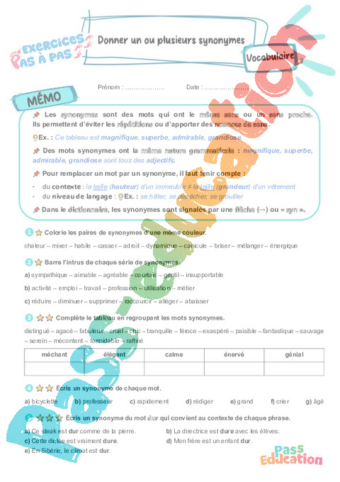 Leçon, exercice et évaluation :<br/> Donner un ou plusieurs synonymes : CM2