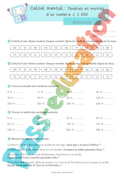 Leçon, exercice et évaluation :<br/> Doubles et moitiés : CM1