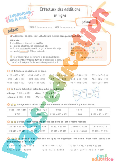 Leçon, exercice et évaluation :<br/> Effectuer des additions en ligne : CM2