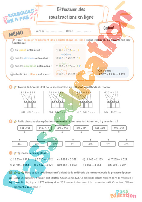 Leçon, exercice et évaluation :<br/> Effectuer des soustractions en ligne : CE2