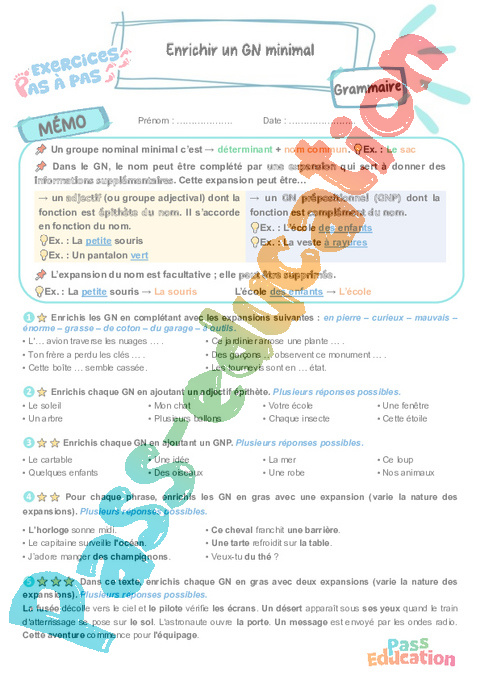 Leçon, exercice et évaluation :<br/> Enrichir un GN minimal : CM2