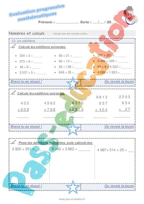 Evaluation progressive par compétences : Addition / Dénombrement : CE2