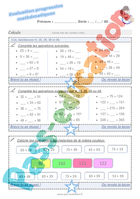 Evaluation progressive par compétences : Addition / Dénombrement : CM1