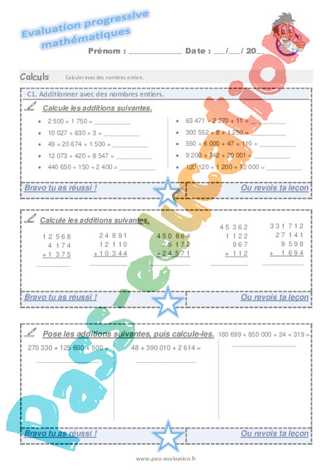 Evaluation progressive par compétences : Addition / Dénombrement : CM2