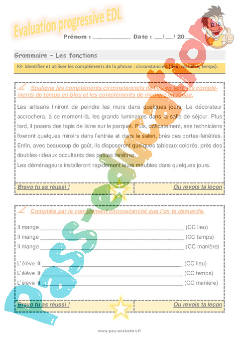 Evaluation progressive par compétences : Complément de phrase : CM1