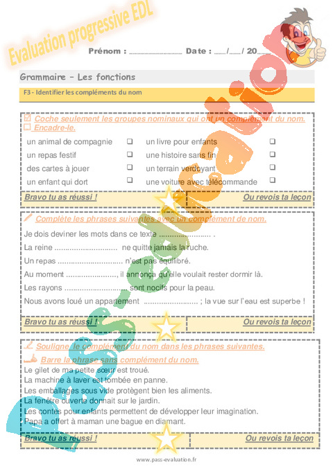 Evaluation progressive par compétences : Complément du nom : CM2
