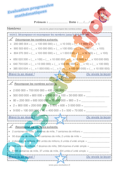 Evaluation progressive par compétences : Décomposer : CM2