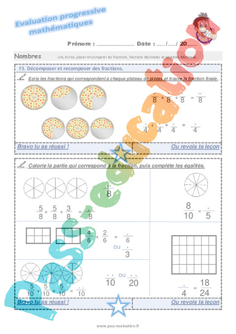 Evaluation progressive par compétences : Décomposer une fraction : CM2