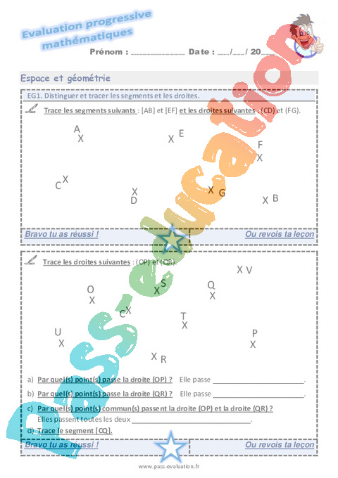 Evaluation progressive par compétences : Droites et demi-droites - Points, droites et segments - Géométrie - Mathématiques : CM1