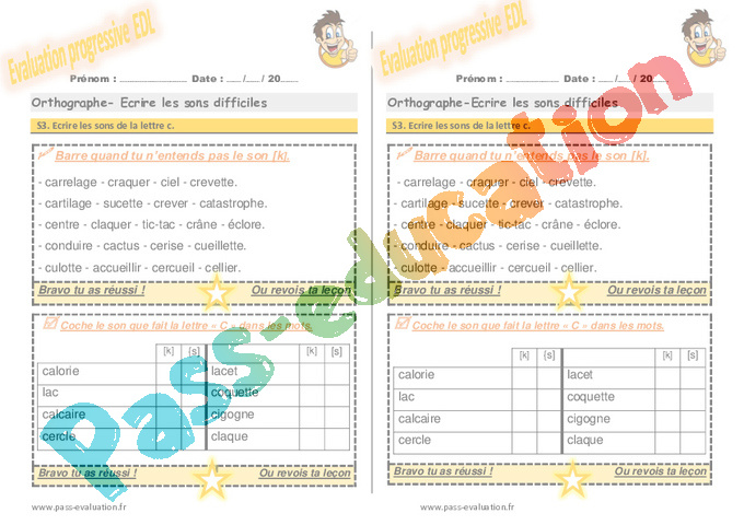 Evaluation progressive par compétences : Lettre c : CE1